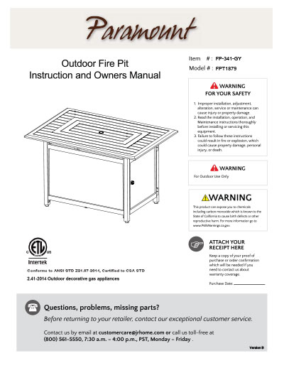 Paramount Outdoor Fire Pit Gale Owners Manual