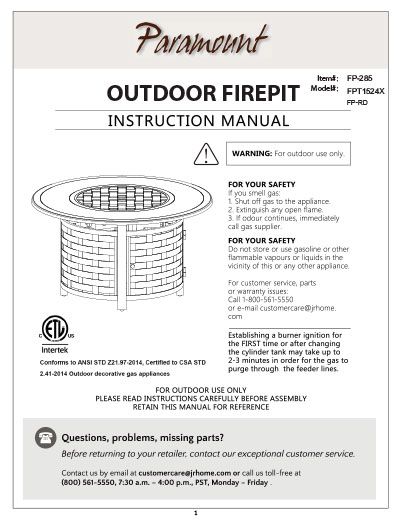 Paramount Outdoor Firepit Instruction Manual