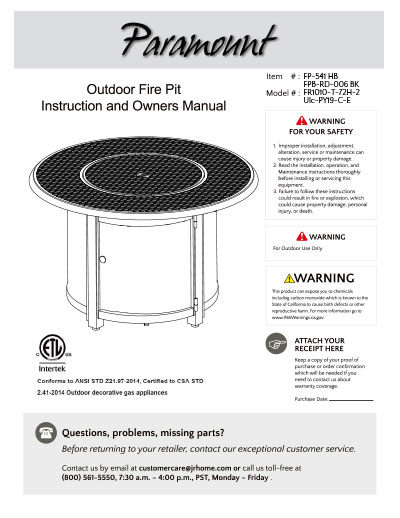 Paramount Outdoor Fire Pit Alan Owners Manual