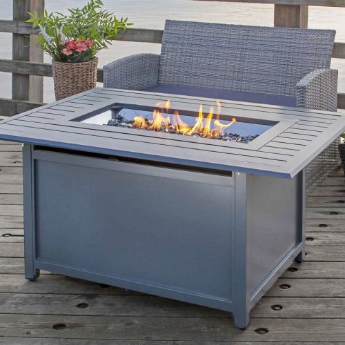 Paramount Gale Rectangular Aluminum Convertible Fire Table Outside with Chairs