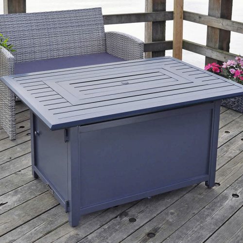 Paramount Gale Rectangular Aluminum Convertible Fire Table Outside with Chairs Closed